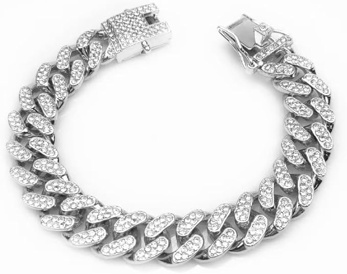 Dog Chain Collar Cuban Link Silver Design Secure Buckle Crystal Necklace Silver Dog Metal Jewelry Accessories for Small Medium Large Pet Male Dogs (20inch)