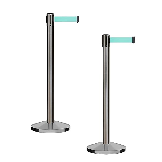 CCW Series RBB-100 - Set of 2 Stanchion Retractable Belt Barriers (11 Foot Belt, Light Green Belt with Satin Stainless Steel Post)