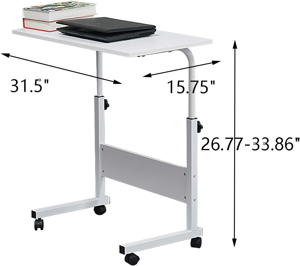 Henf Mobile Sofa Side Table Rolling Bed Table Snack Table, Height Adjustable Portable Laptop Computer Stand Desks Breakfast Tray Table with Wheels for Living Room Bedroom, White