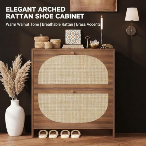 Rattan Shoe Cabinet with 2 Flip Drawers, Arched Accent Shoe Storage for Entryway, 9.4" Slim Shoe Rack with Anti-Tip Wall Mount & Adjustable Shelves, Farmhouse Boho Organizer for Boots, Sneakers, Heels