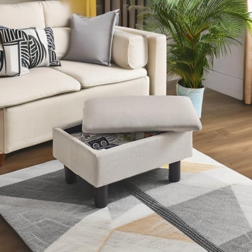 IBUYKE Storage Footstool Ottoman, Linen Fabric Footrest, Linen RF-BD223