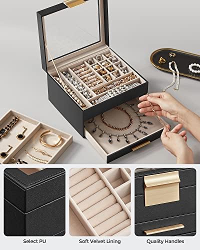 SONGMICS Jewelry Box Organizer, 3-Layer Storage with 2 Drawers, Glass Lid