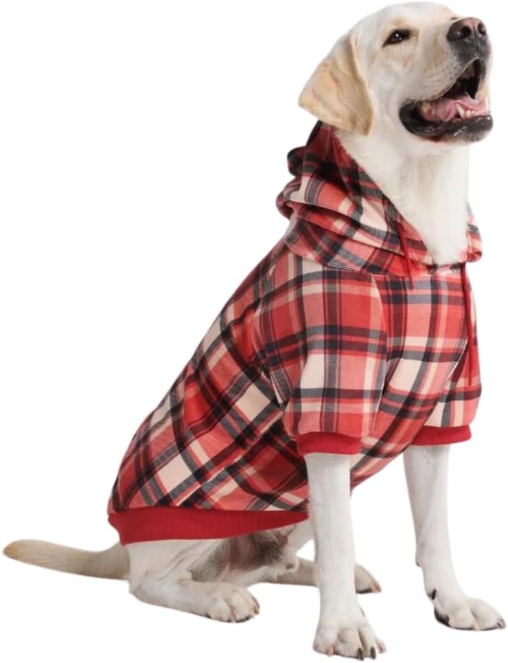 Spark Paws Dog Hoodie – Premium Dog Sweater for Small, Medium, and Large Dogs | Warm Outfits for French Bulldogs, Pitbull, Puppy, Winter Jacket Alternative - Red Plaid, 5XL