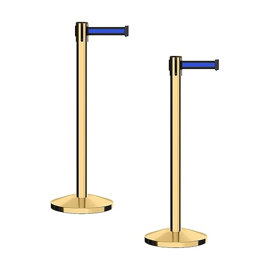 CCW Series RBB-100 - Set of 2 Stanchion Retractable Belt Barriers (11 Foot Belt, Black with Horizontal Blue Stripe Belt with Polished Brass Post)