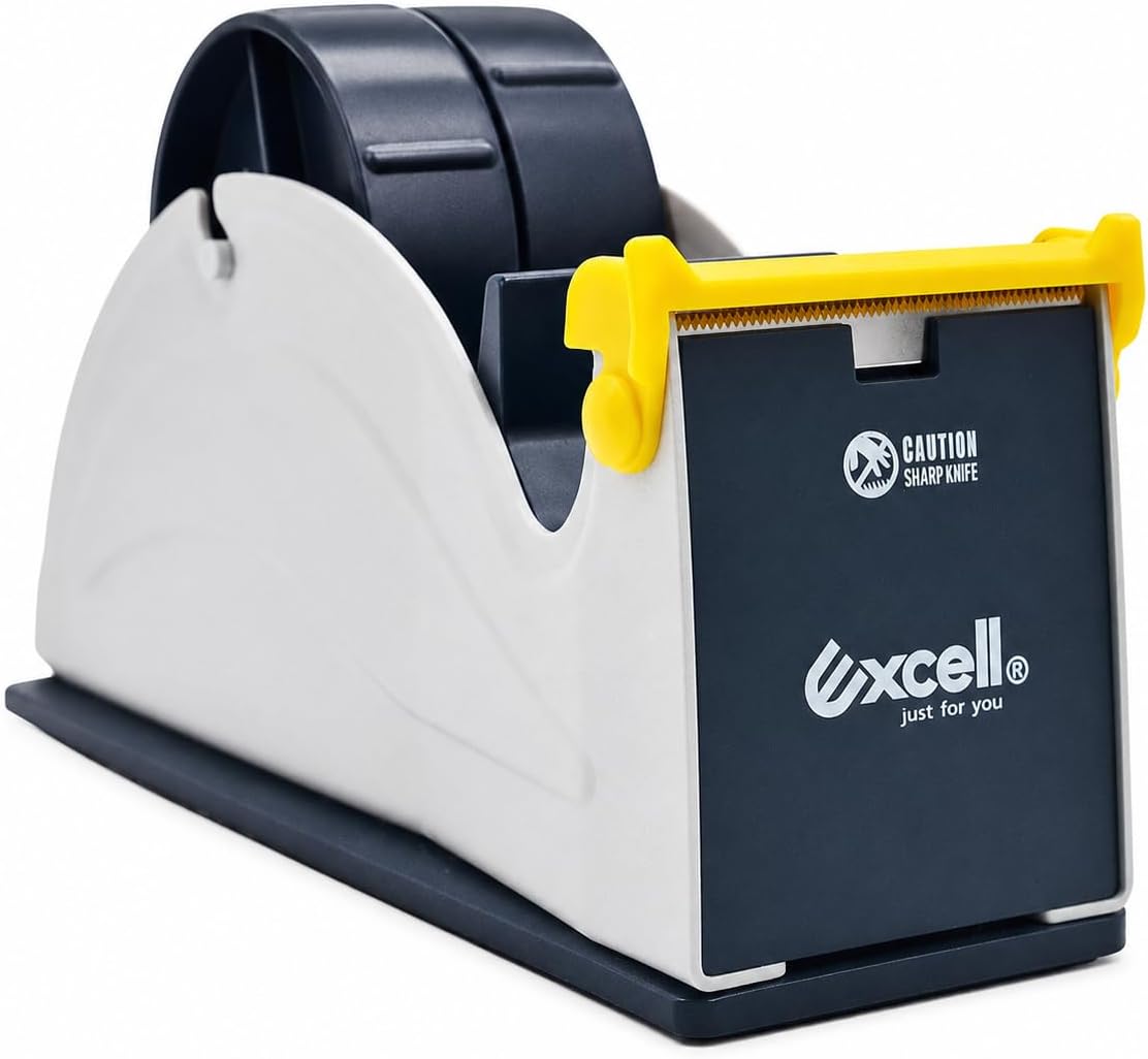 Excell ET-227 Blue/Grey Premium Twin-Roll Steel Desk Top Dispenser: 2 in. Wide (3 in. core) + LuxProdX Sticker