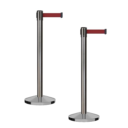 CCW Series RBB-100 - Set of 2 Stanchion Retractable Belt Barriers (9 Foot Belt, Maroon Belt with Satin Stainless Steel Post)