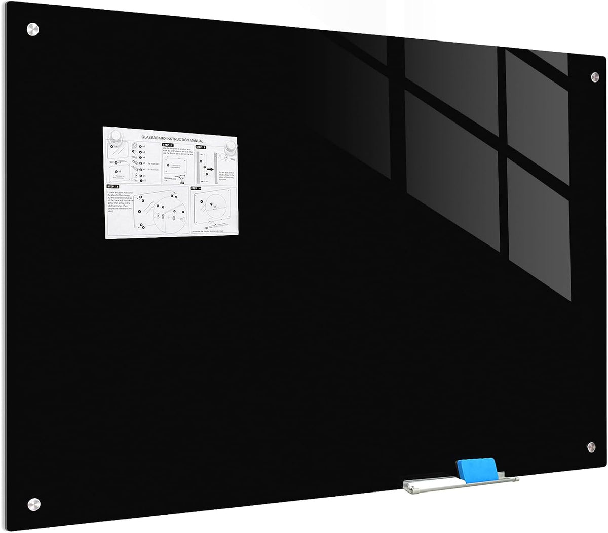 Magnetic Blackboard 48“ x 36” Black Glass Dry-Erase Board Wall-Mounted Frameless Whiteboard Bulletin Board Suitable for Offices, Schools, and Homes(Black)