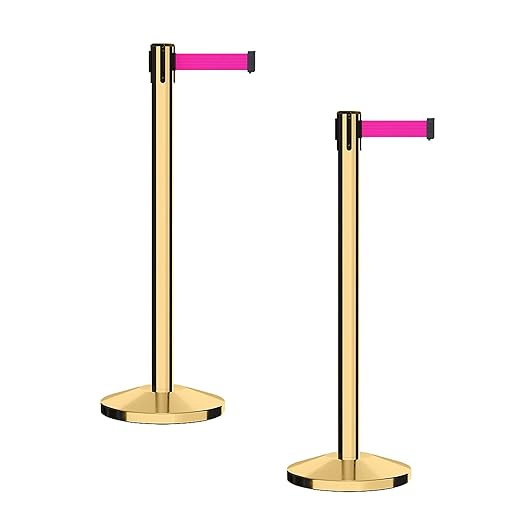 CCW Series RBB-100 - Set of 2 Stanchion Retractable Belt Barriers (11 Foot Belt, Fluorescent Pink Belt with Polished Brass Post)