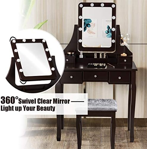 DORTALA Vanity Table Set w/ 360-Degree Rectangular Mirror & Cushioned Stool, Makeup Table w/ 10 LED Dimmable Bulbs, Bedroom Wood Dressing Table w/ 5 Drawers & Removable Box Organizer, Brown