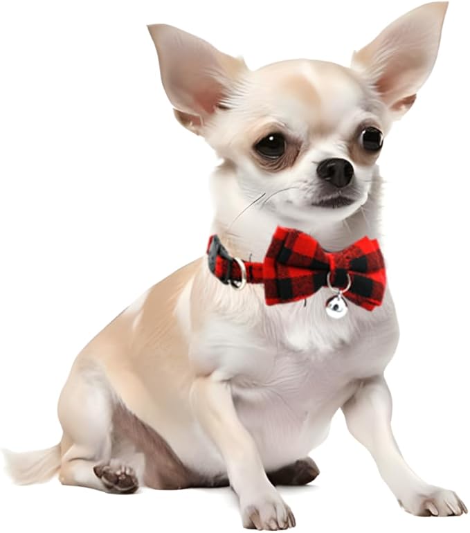 Red Plaid Cat Collar with Bell and Bow, Breakaway Kitten Collar with Bells Bowtie Puppy Collars for XXS Xs Small Little Tiny Pet Dogs Boy Girl, for Christmas Hoilday Birthday Party