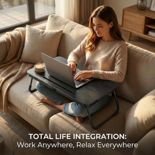 BUYIFY 23.4" Foldable Lap Desk Bed Table with Cup Holder Tray Black