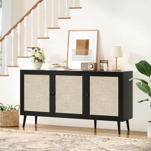 Farini Side Buffet Cabinet with Rattan Doors,Kitchen Sideboard Coffee Bar Storage Console Table,Black,59.1 inch