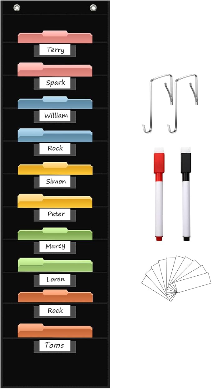 10 Pocket Hanging Wall File Organizer with 10 Nametag Pockets, File Pocket Chart for Classroom and Office. Perfectly Stores Assignments, Files, Scrapbooks, and Documents.