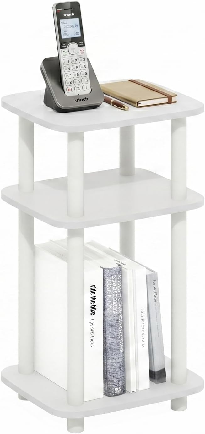 Furinno JUST 3-Tier Telephone Table, Turn-N-Tube Toolless Side Table with Open Shelf, Round Curve Corner Night Stand, Bedside Table, for Living Room, Bedroom, White
