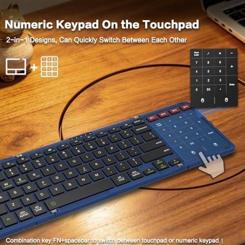 JOMAA Foldable Bluetooth Keyboard, 4-Channel Wireless, Multi-Device Rechargeable with Touchpad and Numeric pad Travel Portable Keyboard for Laptop, Tablet Phone, Windows, Mac, Android, iOS