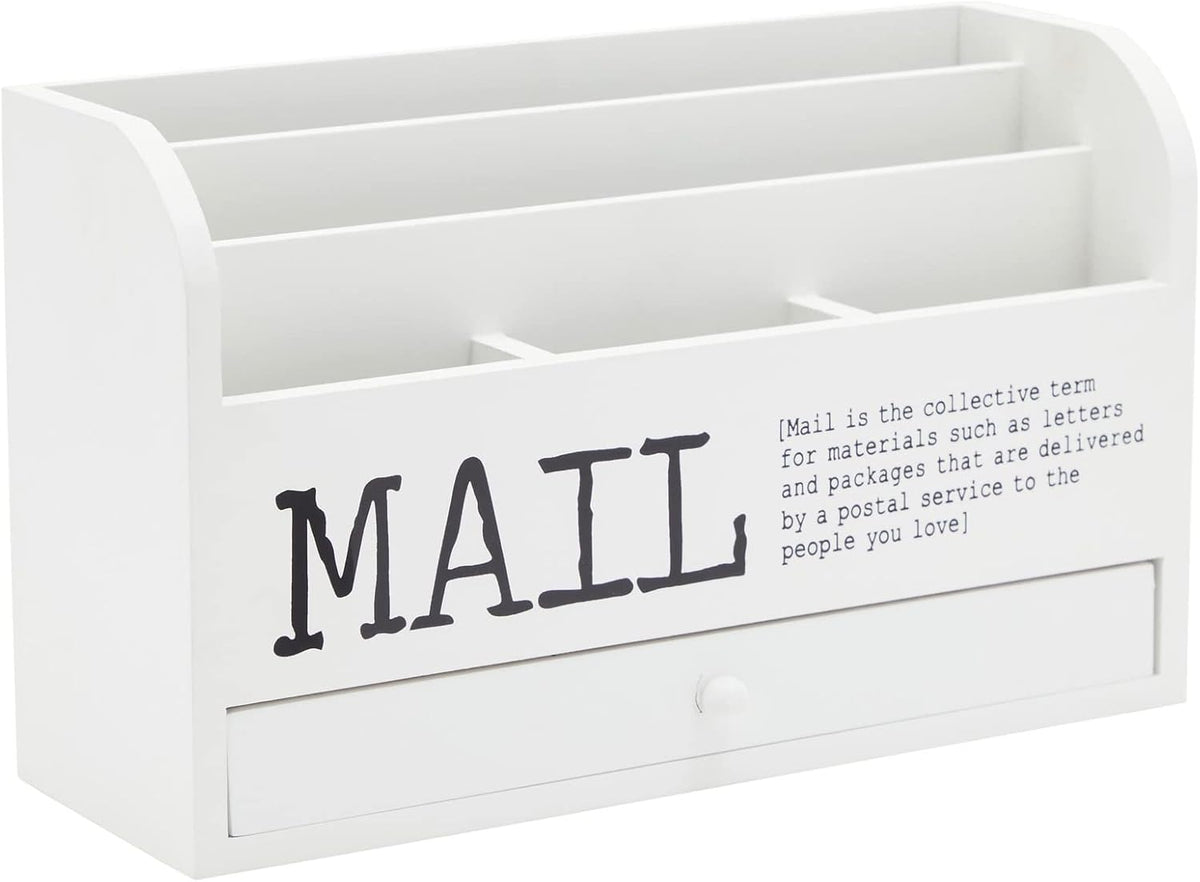 Juvale Wooden 3-Tier Countertop Mail Organizer - Desktop Organizer with Drawer for Paper & Supplies - Wall-Mount Mail Holder for Envelopes & Letters - White, 11 x 7 x 4 in