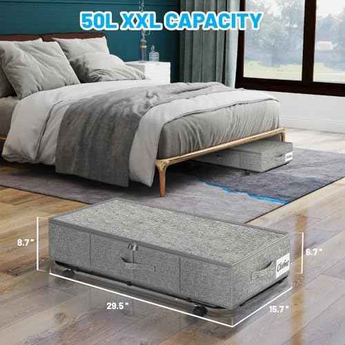 Large Sturdy Under Bed Storage with Wheels, 2 Pack 50L Rolling