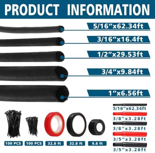 Split Wire Loom Kit for Cable Management, High Temperature Resistant Split Loom Tubing for Auto Wiring Protection, Pet & Rodent Proof Cord Organizer with Heat Shrink Tubing, Silicone Tape & Ties