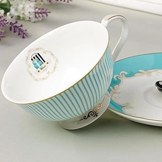 Ceramic Cup& Saucer Set, 6.8oz- Blue Stripe Pattern