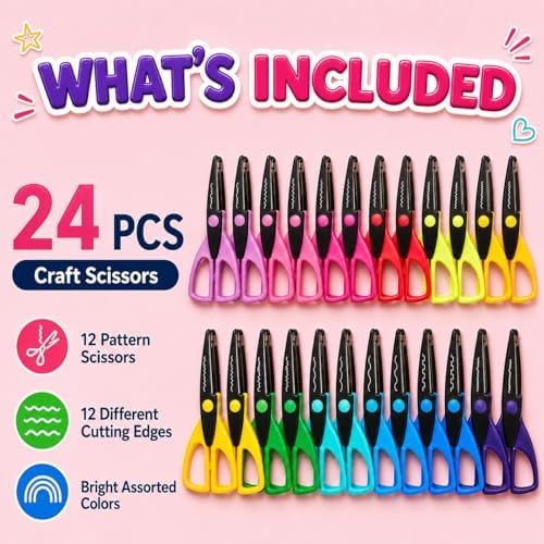24 Pack Decorative Edge Craft Scissors, 12 Patterns, 6.5 Inch