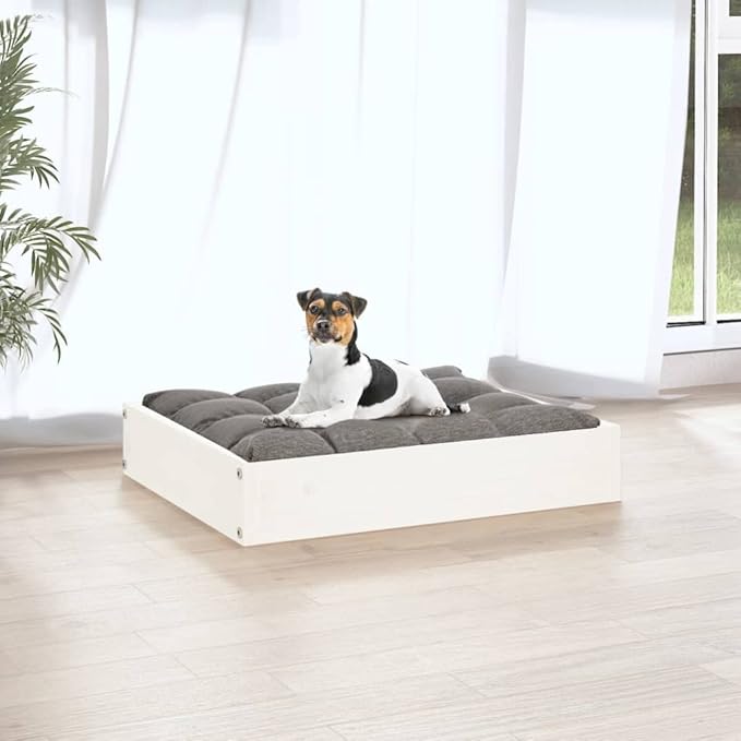 Solid Pine Wood Dog Bed for Small Breeds, Elevated Rectangular Design with Smooth Painted Finish, 4-Piece Set for Indoor Use, Durable and Comfortable Pet Furniture, Easy