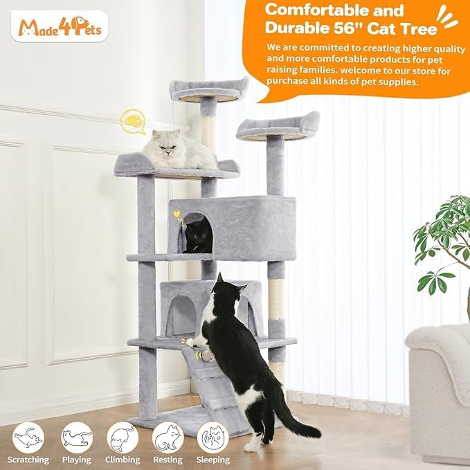 56-Inch Multi-Level Cat Tree Tower for Indoor Cats with 2 Condos, Scratching Posts & Hanging Toys – Large Cat Activity Center Furniture, Light Gray