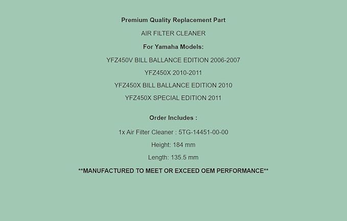 Replacement Air Filter Cleaner For Yamaha YFZ450V 2006-07 YFZ450X 10-11