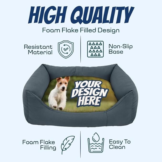 Ships Next Day, Made in USA - Custom Dog Bed – Dog/Puppy Bed w/Navy Blue Base - Personalized Pet Photo Upload - Indoor Use - Ideal Gift - Available in 3 Sizes (23.5x20 Inches)