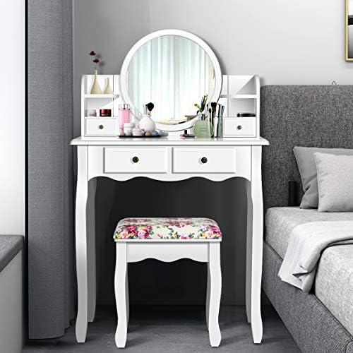 DORTALA Vanity Table Set with Round Mirror, Makeup Desk with Cushioned Stool, 4 Drawers & 2 Shelves, Makeup Organizer, Vintage Dressing Table for Bedroom, Best Gift for Women and Girls, White