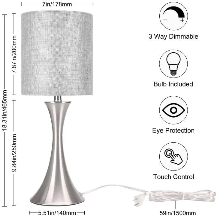 3 Way Touch Control Table Lamp, Dimmable Bedside Desk Lamp with Metal Base Modern Nightstand Lamp Stylish Grey Shade Simple Side Table Lamp for Bedroom, Living Room, Office or Den LED Bulb Included