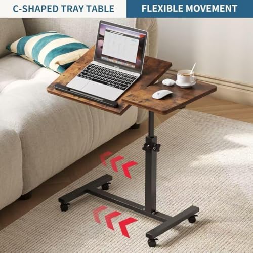 LINGMI Overbed Bedside Desk Mobile Rolling Laptop Stand Tilting Overbed Table with Wheels Height Adjustable Tray Table for Laptop Bed Sofa Side Table