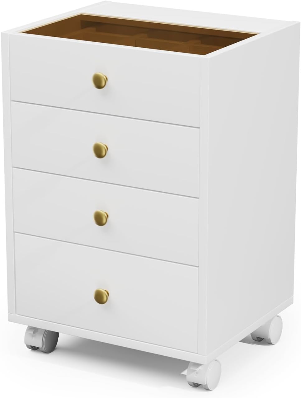 Under Desk Storage, 4 Drawer Small File Cabinet, Chest of Drawer with Glass Top, Mobile Printer Stand with Lockable Wheels for Home Office Study, White