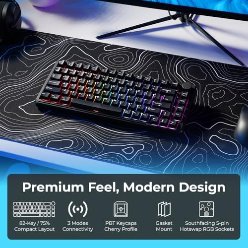 TECWARE Ghost 75% Wireless Mechanical Keyboard | RGB Gaming Keyboard with Volume Knob | Tri-Mode 2.4GHz/Bluetooth/USB-C | Gasket Mounted | Hot Swappable Pre-Lubed Linear Switches | 4000mAh | Black