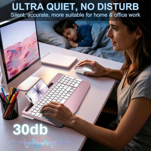 Rechargeable Silent Wireless Keyboard and Mouse Combo, Ergonomic Wrist Rest & Phone Tablet Holder, USB-C Adapter Included, 2.4G Lag-Free Cordless Set for Windows Mac Laptop PC Home Office (Rose Gold)