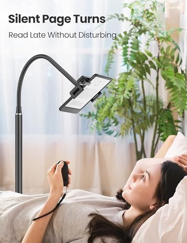 VOLTIFYMAX Tablet Stand with Page Turner Works with Kindle, Tablet Stand Floor Holder Reading in Bed with Adjustable Gooseneck, Compatible with Kindle, Mini Tablet, Phone, Hands Free Use for Readers
