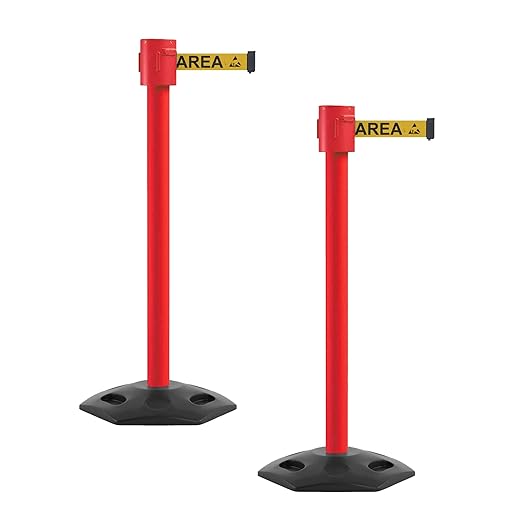 Montour Line MSR760 Set of 2 Retractable Belt Barrier Stanchion, Rubber Base, Red Post (35 ft Yellow with"ESD Protected Area" Black Letter ESD Logo Belt)