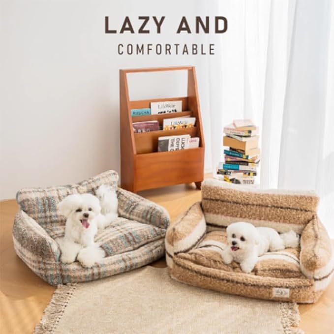 Lazy Holiday Plush Cozy Dog & Cat Sofa Bed, Teddy Velvet Dog Bed, Trendy Striped Faux Lambswool Double Layer Dog & Cat Sofa Bed Dogs Sleeping Mat for Medium Small Dogs & Cats (A-2,M)