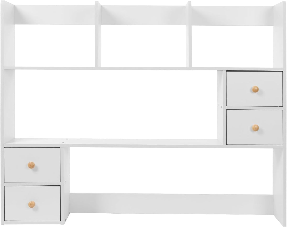 Wood Dorm Desktop Storage Rack, Office Desk Bookshelf Holder, Desktop Bookshelf Storage with 4 Small Storage Cabinets, Desktop Rack for Classrooms, Offices, Dormitories, Study Rooms (White)
