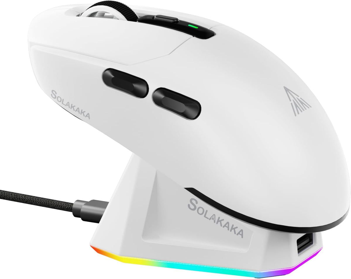 SOLAKAKA SM820 Wireless Gaming Mouse with RGB Charging Dock,24000 DPI Tri-Modes Wireless Mouse with 2 Side Buttons, PAW3311 Optical Sensor, Programmable Macro Mouse for Gaming(White)