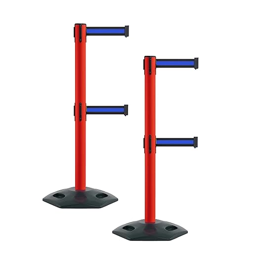 Montour Line MSR630D Set of 2 Retractable Belt Barrier Stanchion, Heavy-Duty Rubber Base, Red Post (9 ft Black with Horizontal Blue Stripe Dual Belt)