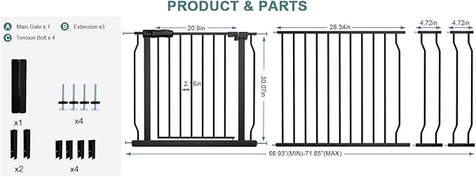 Extra Wide Baby Gate Tension Indoor Safety Gates Black Metal Large Pressure Mounted Pet Gate Walk Through Long Safety Dog Gate for The House Doorways Stairs (66.93"-71.65"/170-182CM, Black)