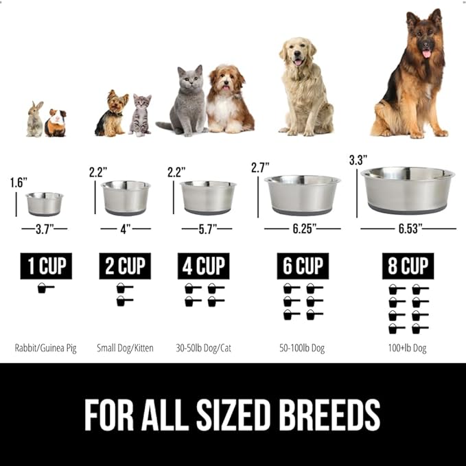 GORILLA GRIP Dog Bowls, Holds 2 Cups Each (16 fl oz), Heavy Duty Stainless Steel Food and Water Bowl for Feeding Dogs and Cats, Dishwasher Safe, Rust Resistant, BPA Free Rubber Base, Set of 2 Gray