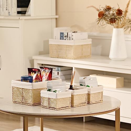 Vagusicc Wicker Storage Basket, Hand-Woven Paper Rope Basket, Rectangular Small Basket for Organizing, Cube Storage Bin for Closet/Clothes/Dresser, Beige, 5-Pack