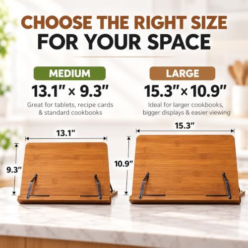 Bamboo Cookbook Stand Large, Adjustable Book Holder Tray and Page Paper Clips - Walnut Color Large - 4-Position Recipe Book Stand Holds Thick Books for Kitchen Counter, Reading, Studying - Foldable