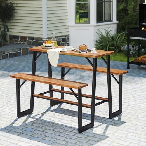 GIANTEX 4.5FT Picnic Table Bench Set for 4, Acacia Wood Outdoor Dining Table Set, Heavy Duty Metal Frame, Footrest Bar, Large Rectangular Tabletop for Porch Patio Lawn Garden