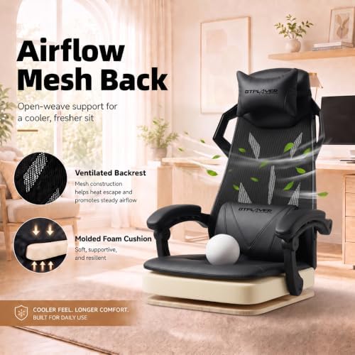 GTPLAYER Gaming Chair, Computer Chair with Mesh Back, Ergonomic Gaming Chair with Footrest, Reclining Gamer Chair with Adjustable Headrest and Lumbar Support for Gaming and Office (Black)