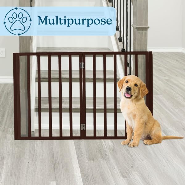 Pet Gate - 4-Panel Indoor Foldable Dog Fence for Stairs, Hallways or Doorways - 72x24-Inch Retractable Wood Freestanding Dog Gates by PETMAKER (Brown)