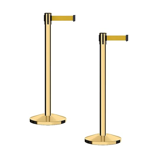 CCW Series RBB-100 - Set of 2 Stanchion Retractable Belt Barriers (7.5 Foot Belt, Yellow Belt with Polished Brass Post)