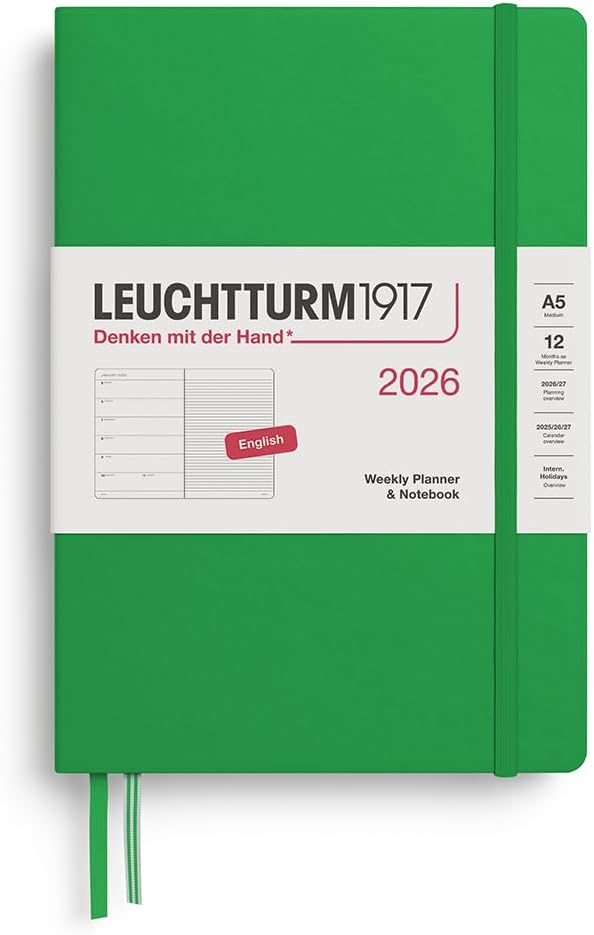 LEUCHTTURM1917 372657 Weekly Calendar & Notebook Medium (A5) 2026, Spring Leaf, English