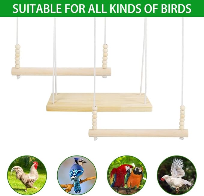 3PCS Chicken Swing, Natural Wood Chicken Toys for Coop, Easy Install Chicken Run Accessories, Adjustable Wood Stand for Hens Poultry Rooster Bird Parrot
